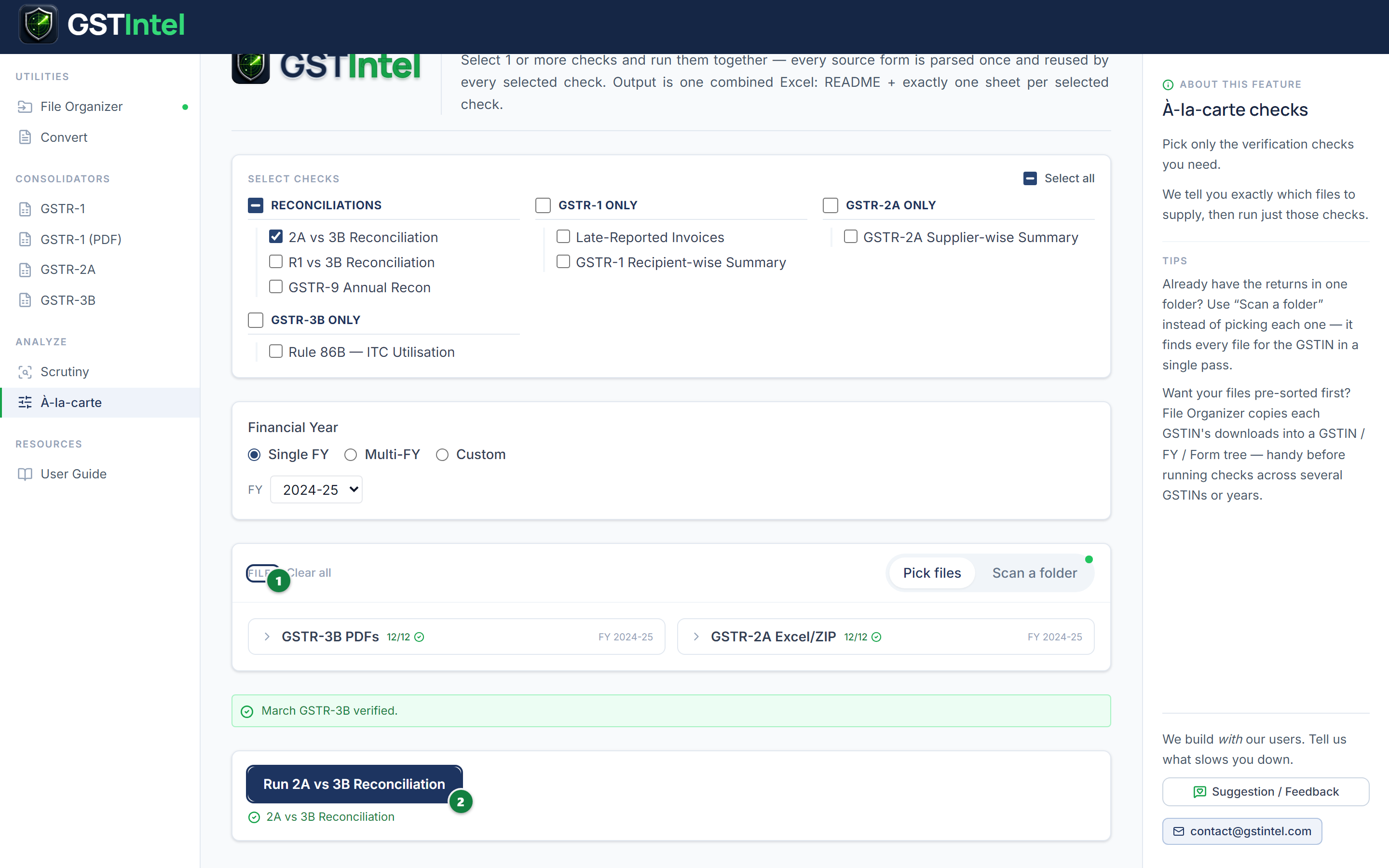 À-la-carte Checks page after the required files are complete, showing the Run button labelled with the selected check