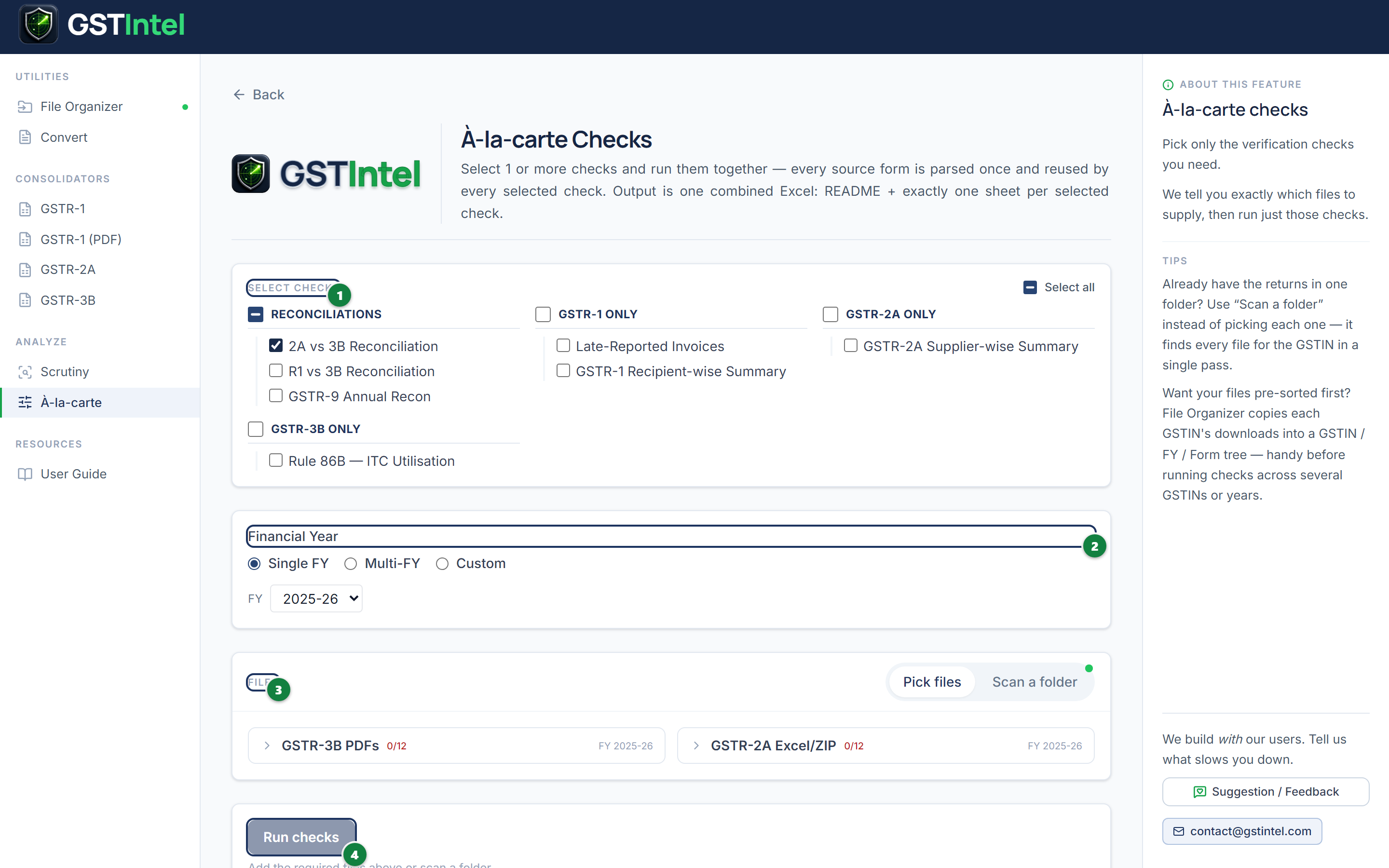 À-la-carte Checks page with check picker, Financial Year selector, Files panel, and Run button numbered