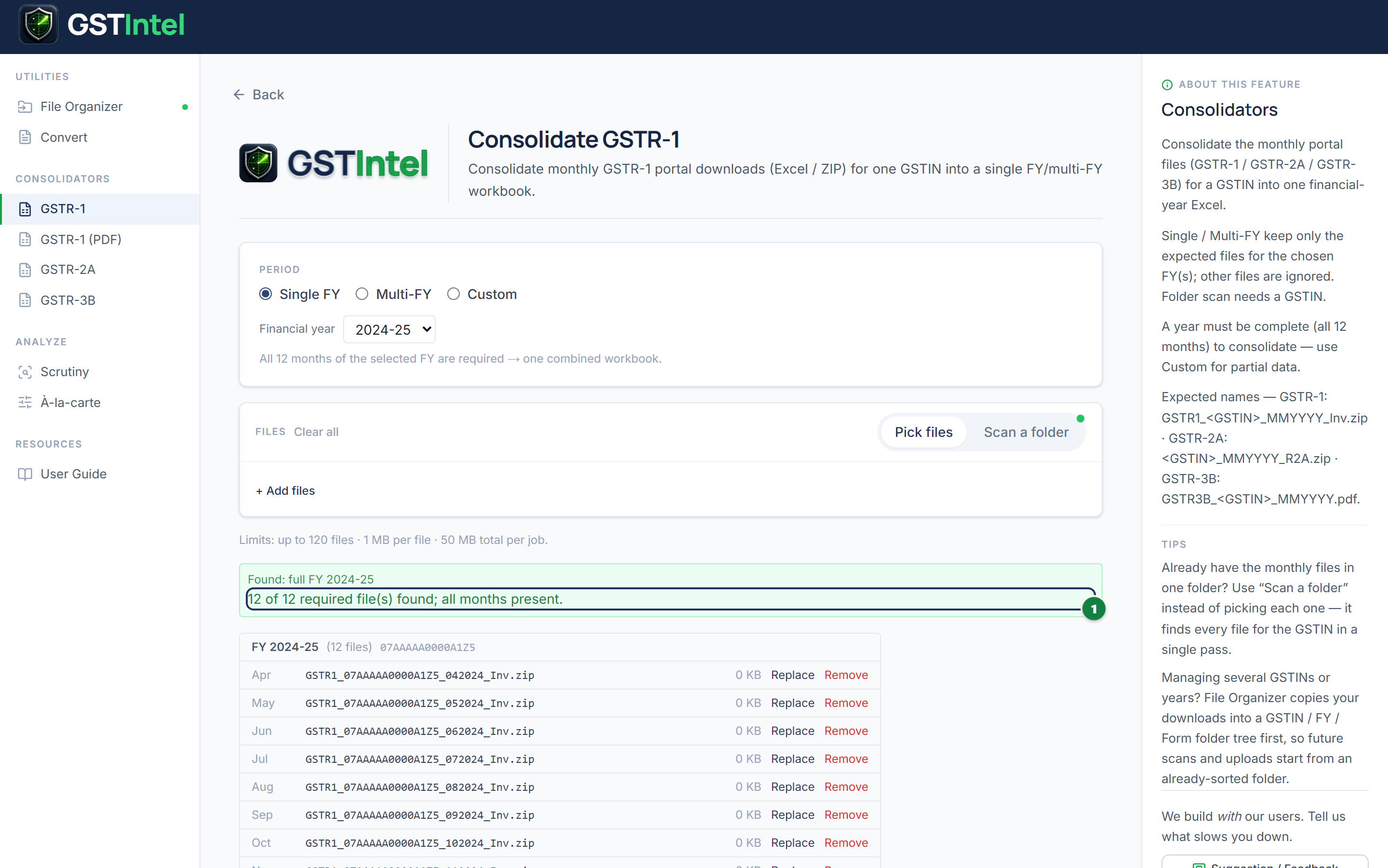 Consolidate GSTR-1 page after all 12 months are matched, showing the all-found summary and the enabled Consolidate button
