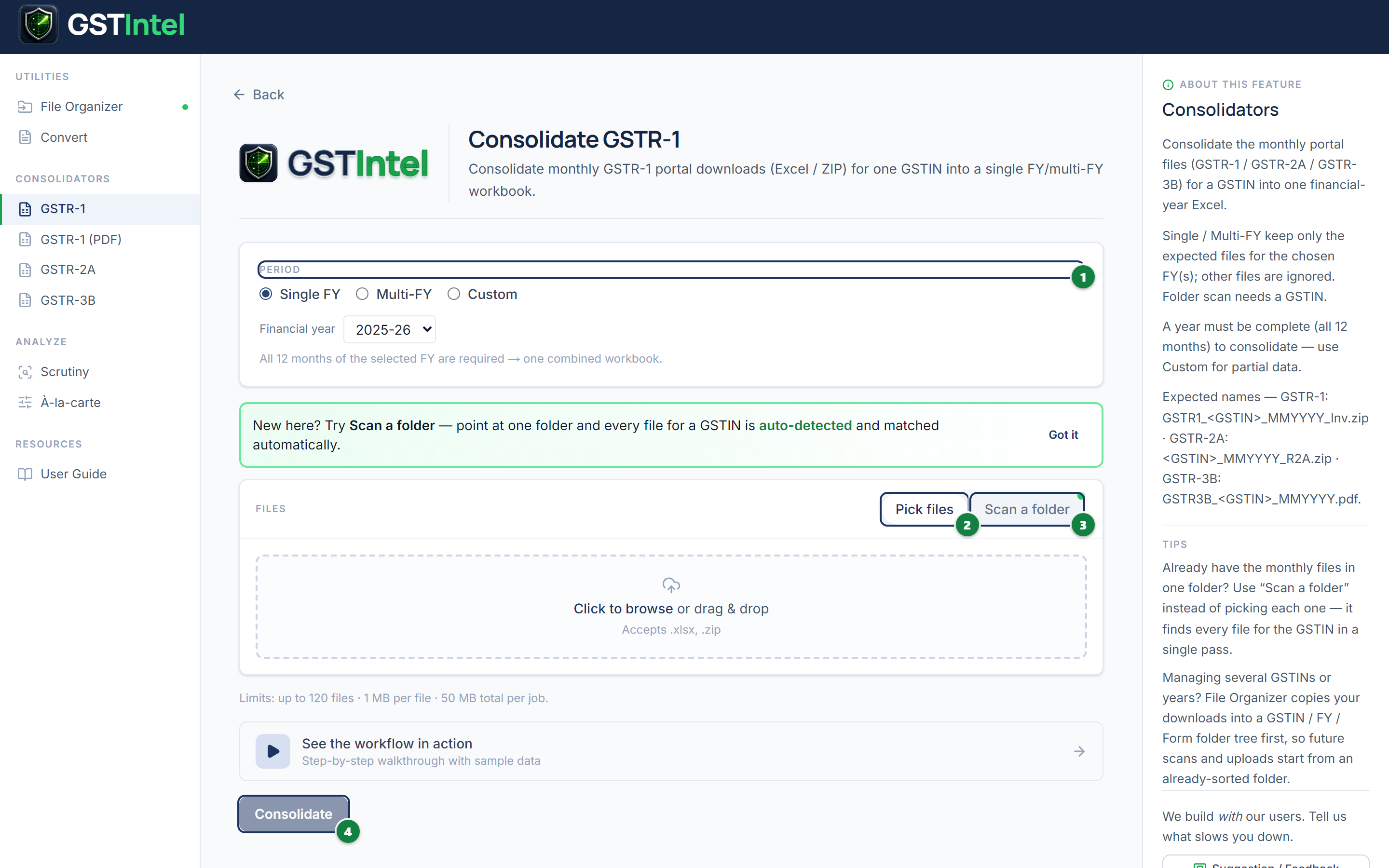 Consolidate GSTR-1 page with period selector, Pick files / Scan a folder tabs, and Consolidate button numbered