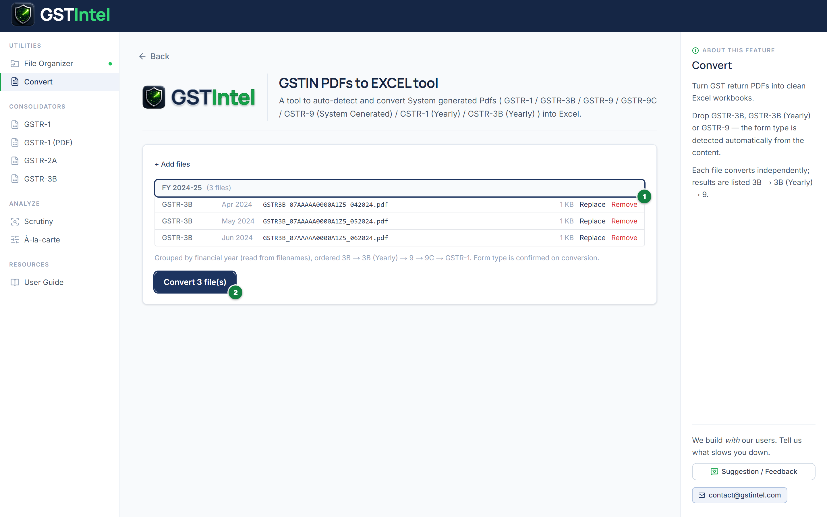Convert page after PDFs are added, grouped by financial year, with the Convert button showing the file count