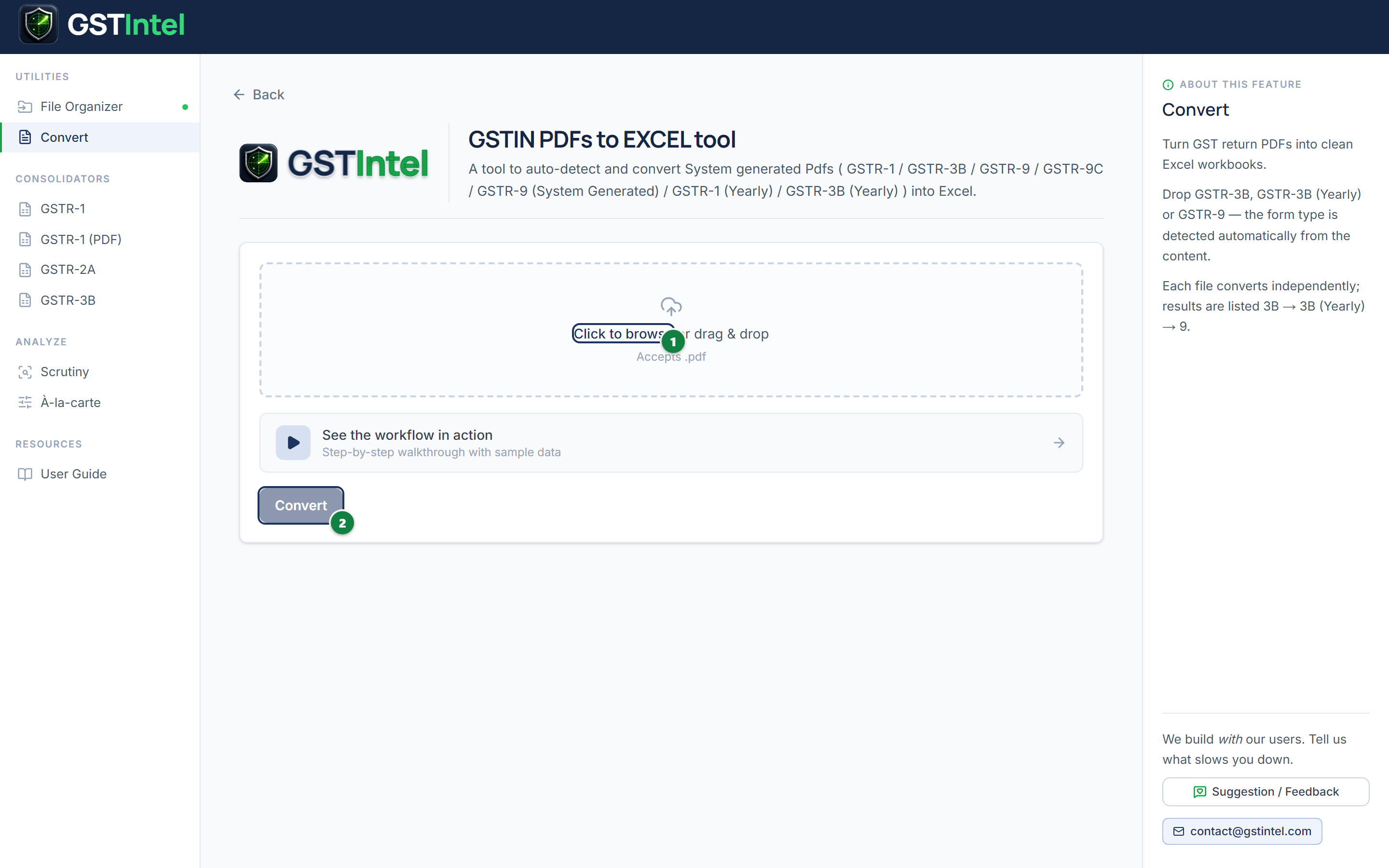 Convert page with the upload dropzone and Convert button numbered