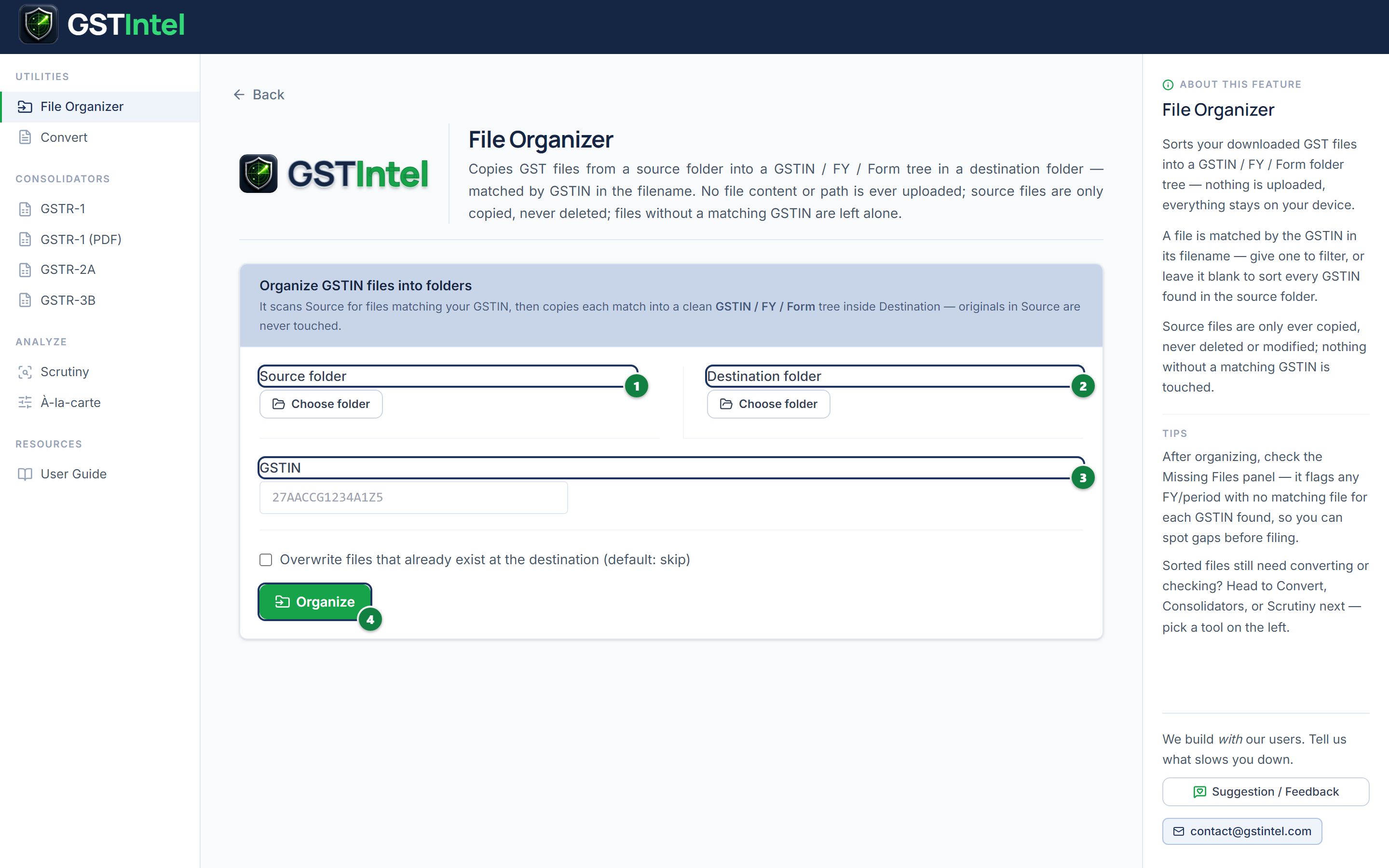 File Organizer page with source folder, destination folder, GSTIN field and Organize button numbered